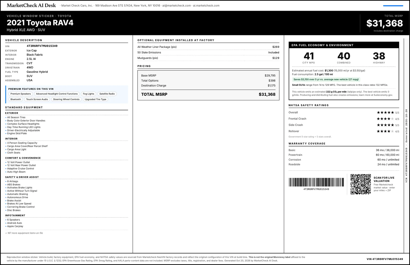Sample window sticker by VIN for a 2021 Toyota RAV4 Hybrid XLE AWD: base MSRP $29,795, factory options, destination charge, total MSRP $31,368, EPA fuel economy, NHTSA safety ratings and warranty