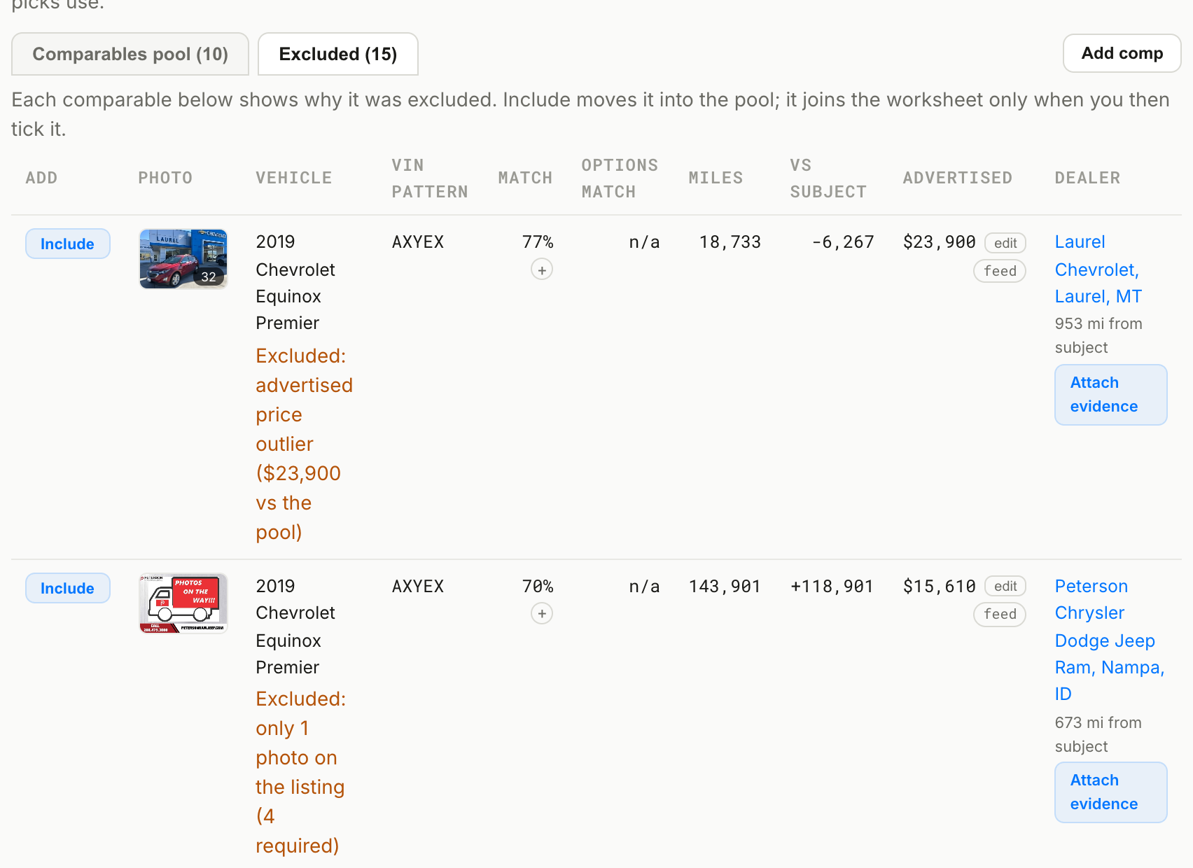 The Excluded tab: each rejected comparable with its reason and an Include button.
