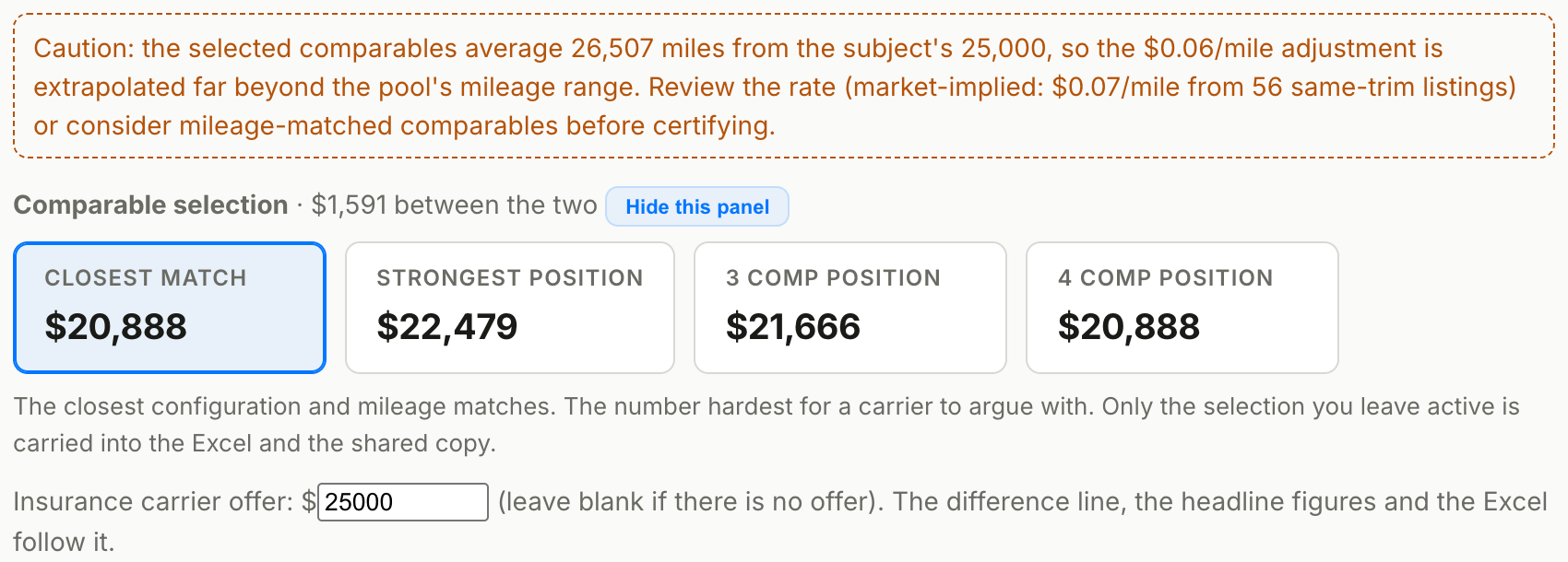 The Comparable selection panel: Closest match, Strongest position, 3 Comp and 4 Comp positions.